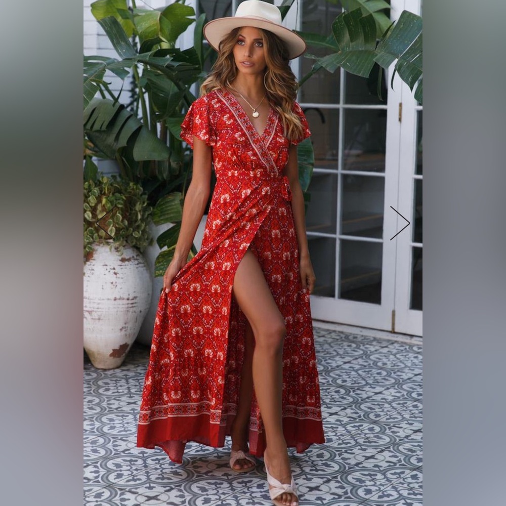 NEW Sexy Boho Style Wrap Floral Print Summer Long Red gold V-Neck Maxi Dress M - Picture 5 of 17